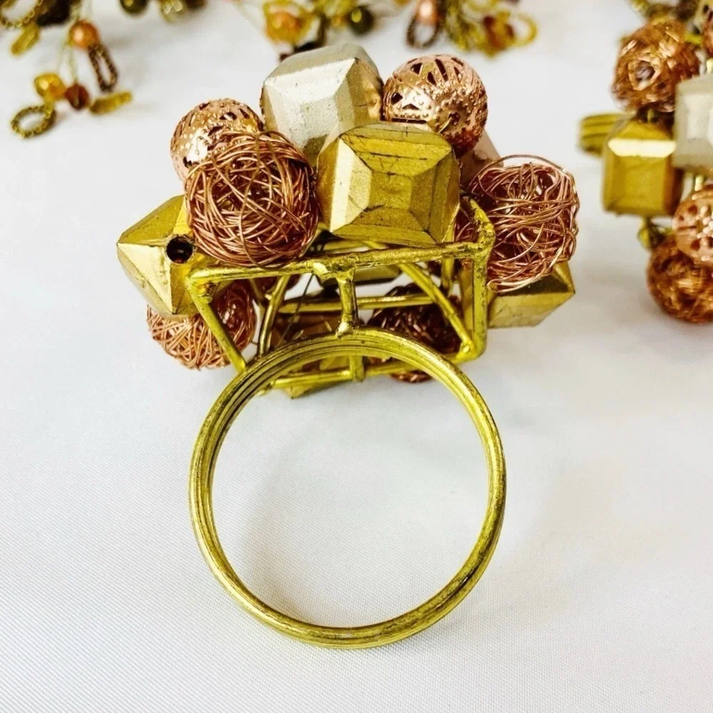 Set of 6 Pier 1 Beaded Floral Brown Gold Peach Napkin Rings